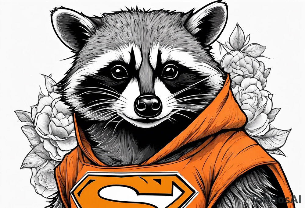 Raccoon wearing an orange Superman hoodie tattoo idea