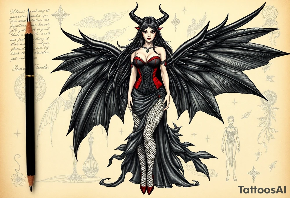 🔥 Image 1: Dark Demon Woman Tattoo Design

A seductive demoness with long black hair and sharp black horns stands confidently. She has large, leathery black wings with spiked edges extending from her back. Her outfit is a gothic corset-style dress with red accents and lace, combined with fishnet stockings and high heels. Her overall aura is dark, powerful, and alluring, blending elegance with danger. The background looks like a magical grimoire page, with handwritten runes and sketches of demonic wings and figures, giving it a mystical, ancient vibe.

Keywords: demon woman, succubus, gothic wings, red-black corset, dark fantasy, seductive devil, horned female, tattoo sketchbook

⸻

🌟 Image 2: Angelic Woman Tattoo Design

A beautifully detailed pencil sketch of an angelic woman with long flowing hair and magnificent feathered wings. She wears a flowing, nature-inspired gown adorned with floral and leaf patterns, blending elegance and divine femininity. Her expression is serene yet strong. The feathers and fabric flow gracefully around her, creating a sense of lightness and movement. The black-and-white pencil drawing gives it a timeless, classical tattoo appeal.

Keywords: angel woman, divine beauty, feathered wings, floral gown, feminine strength, heavenly figure, pencil sketch, classic tattoo tattoo idea