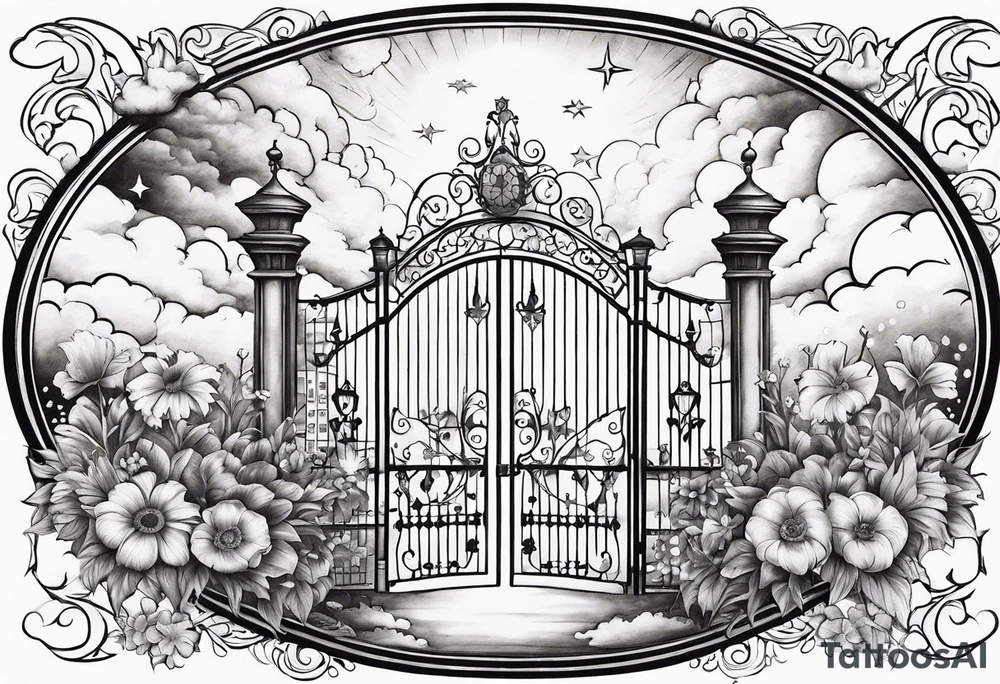 heaven town with gate
in circle vignette surrounded by clouds flowers stars tattoo idea