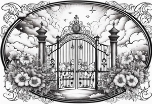 heaven town with gate
 in circle vignette surrounded by clouds flowers stars tattoo idea