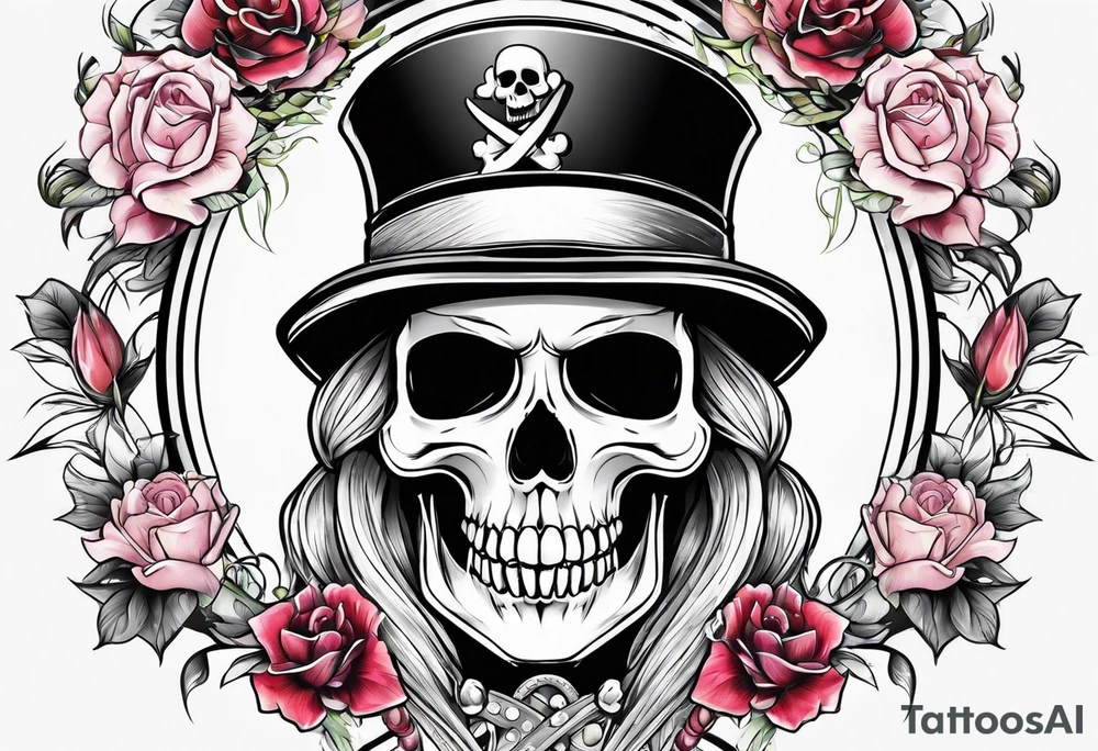 feminine skull and cross bones with blonde pigtails tattoo idea