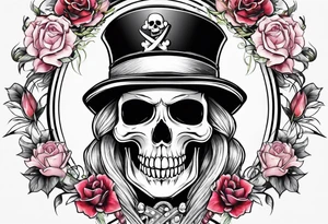 feminine skull and cross bones with blonde pigtails tattoo idea