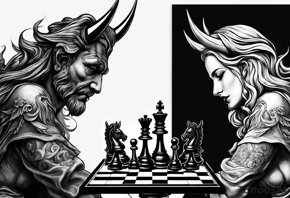 devil and angel hands playing chess tattoo idea