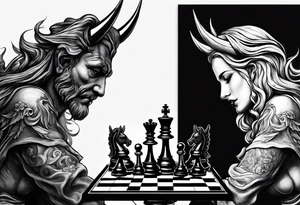 devil and angel hands playing chess tattoo idea