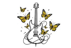 An electric guitar plugged into an amp with 5 butterflies flying around it tattoo idea