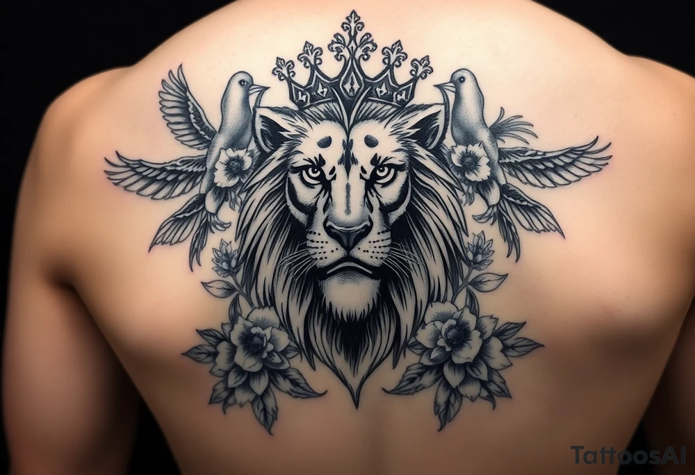 powerful majestic lion with a crown, surrounded by floral ornaments and birds tattoo idea
