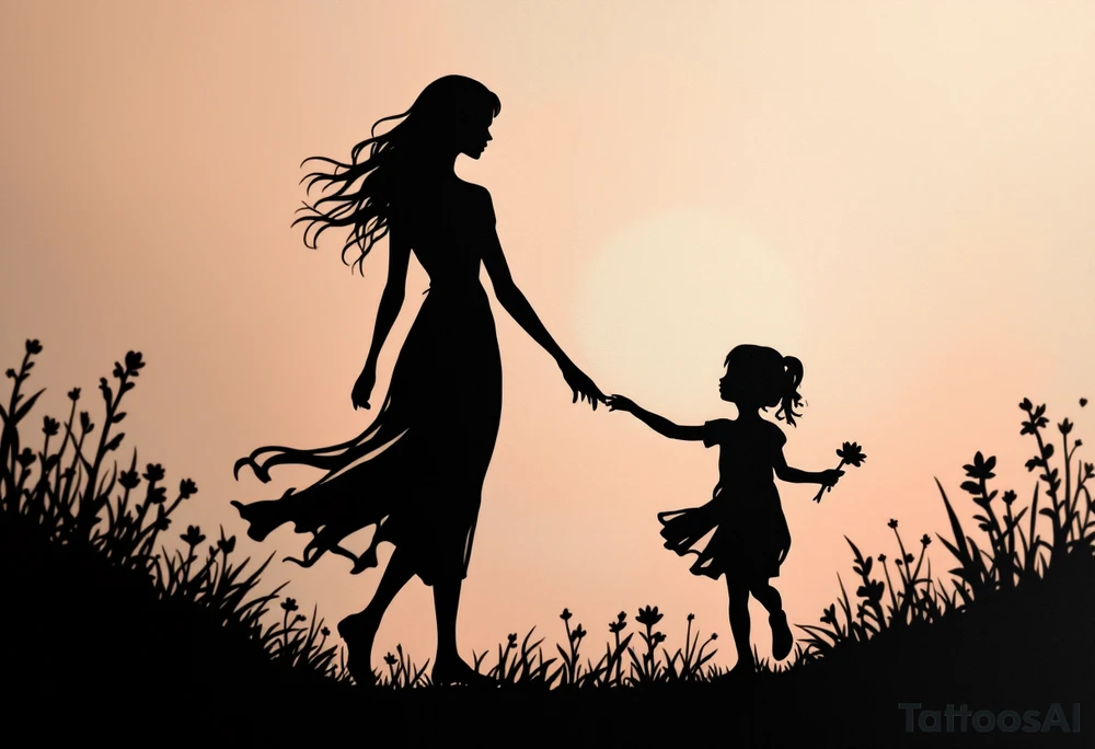 A black silhouette of a mother and young daughter walking hand in hand, the daughter holding a flower, with soft gray shading to suggest a sunset background. tattoo idea