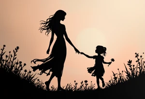 A black silhouette of a mother and young daughter walking hand in hand, the daughter holding a flower, with soft gray shading to suggest a sunset background. tattoo idea