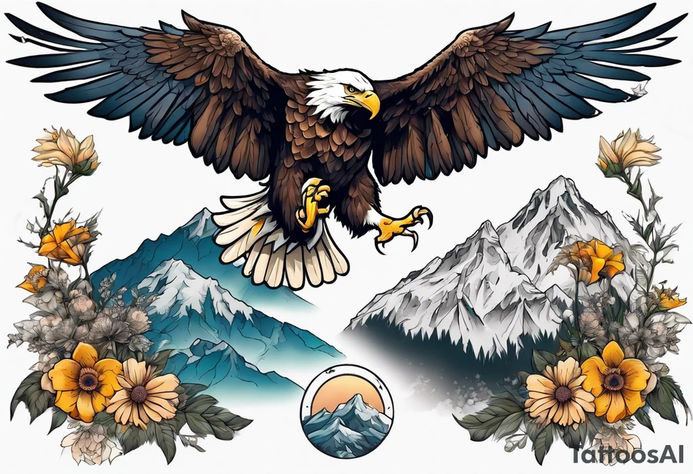 bald eagle with wings spread with mountain flowers in the background tattoo idea