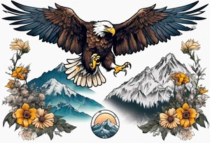 bald eagle with wings spread with mountain flowers in the background tattoo idea