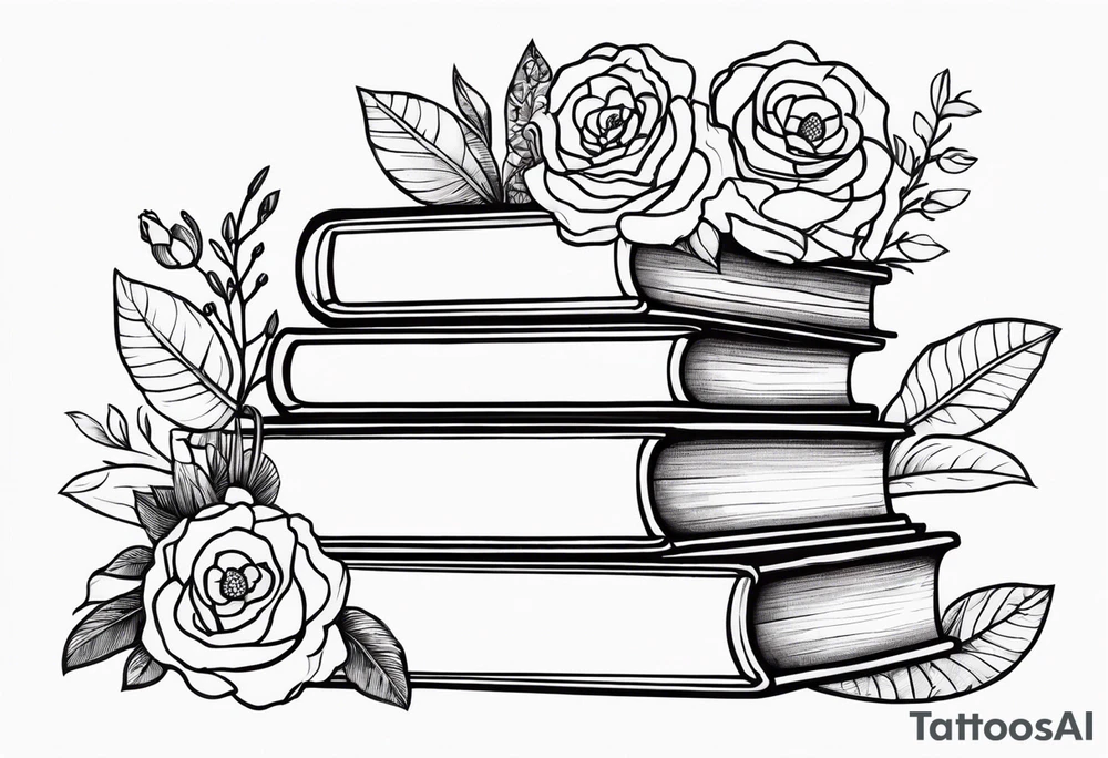 feminine tattoo of stacked books and flowers with a snake and skull tattoo idea