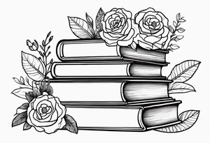 feminine tattoo of stacked books and flowers with a snake and skull tattoo idea