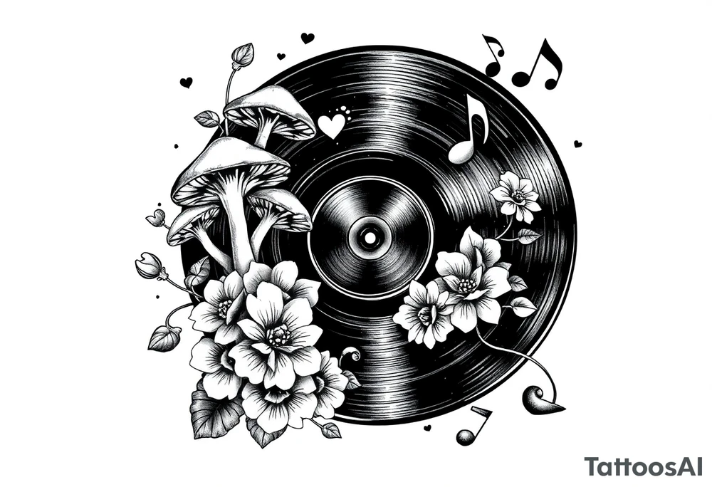 vinyl record with mushrooms, flowers, hearts, and music notes tattoo idea
