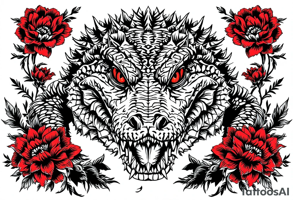 powerful and full aligator with red eyes, surrounded by red floral ornaments tattoo idea