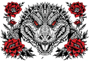 powerful and full aligator with red eyes, surrounded by red floral ornaments tattoo idea