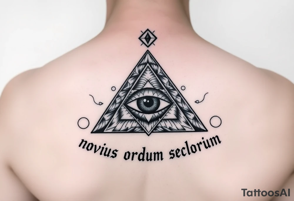 Pyramid with eye in the center, diamond on the top,surrounded by words - novus ordum seclorum tattoo idea