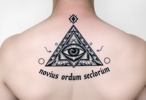 Pyramid with eye in the center, diamond on the top,surrounded by words - novus ordum seclorum tattoo idea