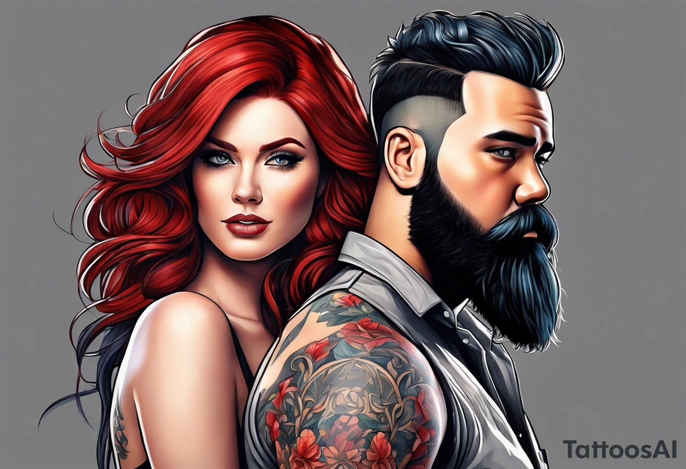 Busty red haired woman with a bearded man who has black hair tattoo idea