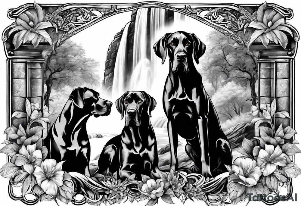 Arm sleeve- with four Great Danes in front of waterfall tattoo idea