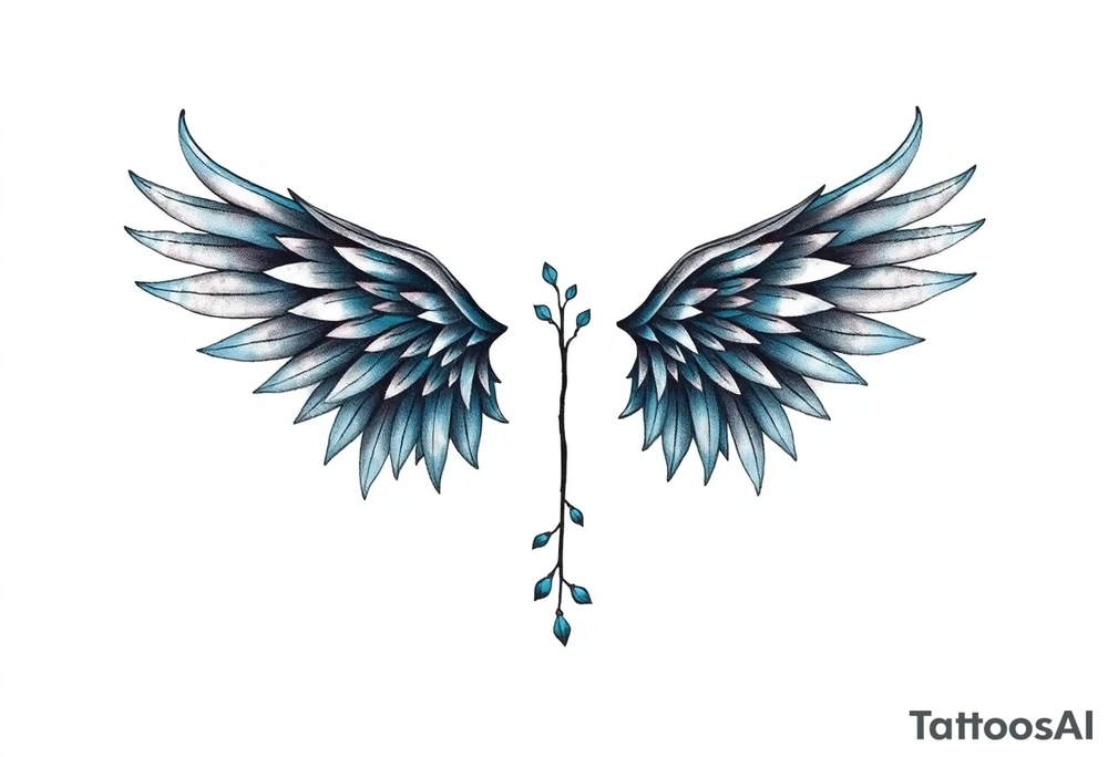 A minimalist wings tattoo that represents a shattered and betrayed gemini woman who fought hard throughout this year. With colors blue and black. Make it unique and rare. Without leaves and stem. tattoo idea