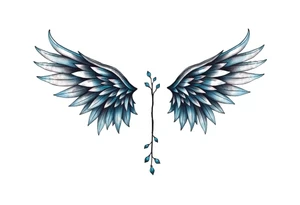 A minimalist wings tattoo that represents a shattered and betrayed gemini woman who fought hard throughout this year. With colors blue and black. Make it unique and rare. Without leaves and stem. tattoo idea