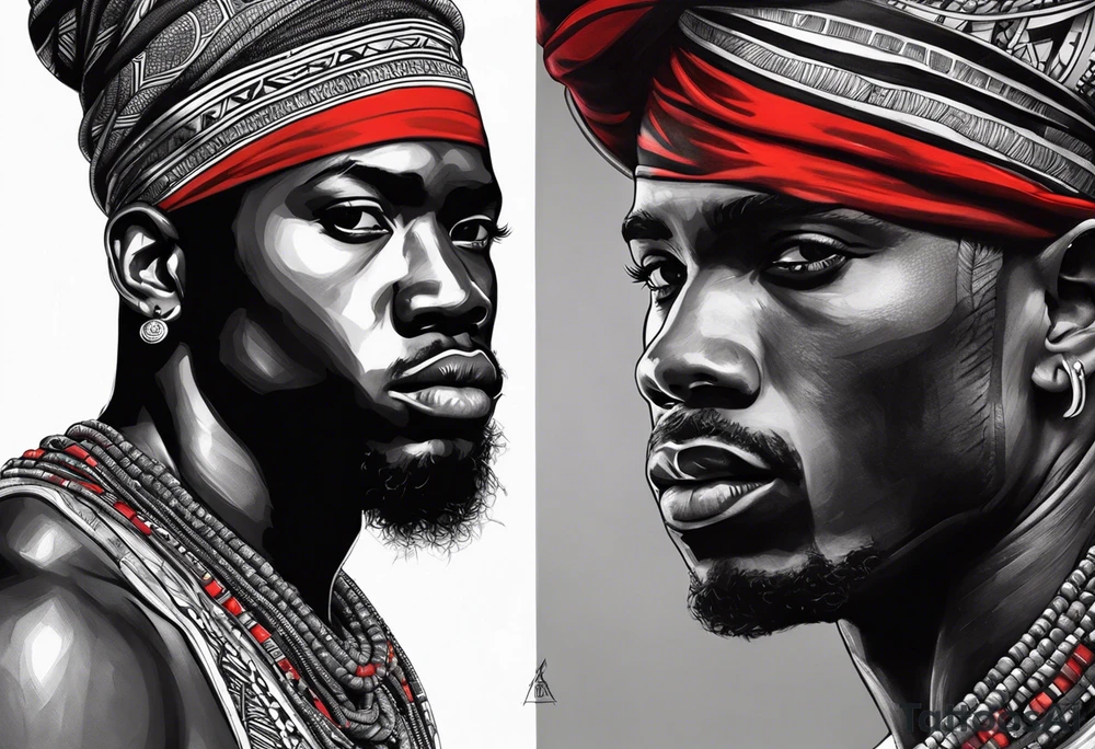 homem divindade africano realista em preto e cinza com os olhos brancos e fundo com tons de vermelho usando na mão um falo com cabaças penduradas tattoo idea