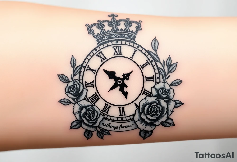Roman clock with a crown, with roses and a quote that says nothings forever and with a deck of cards gangster chicano tattoo idea