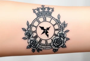 Roman clock with a crown, with roses and a quote that says nothings forever and with a deck of cards gangster chicano tattoo idea