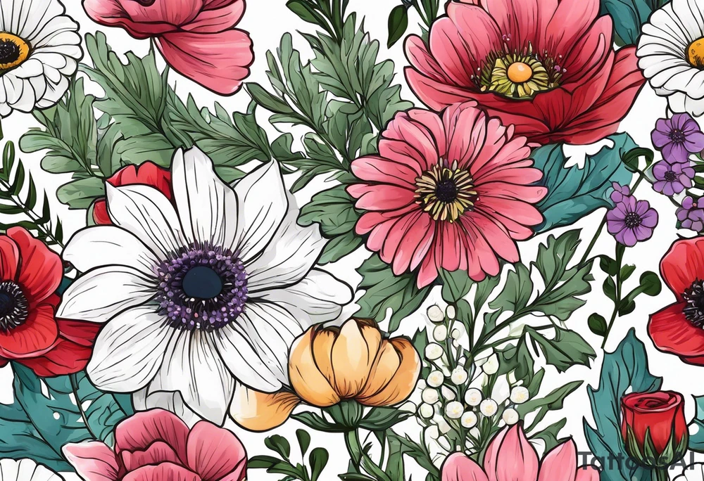 simple wildflowers with thistles, ferns, ranuculus, white anemones, sun flowers, red flowers, pink flowers, purple flowers, buttercups, babys breath, daisies, and greenery all in pastel color tattoo idea