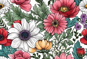 simple wildflowers with thistles, ferns, ranuculus, white anemones, sun flowers, red flowers, pink flowers, purple flowers, buttercups, babys breath, daisies, and greenery all in pastel color tattoo idea