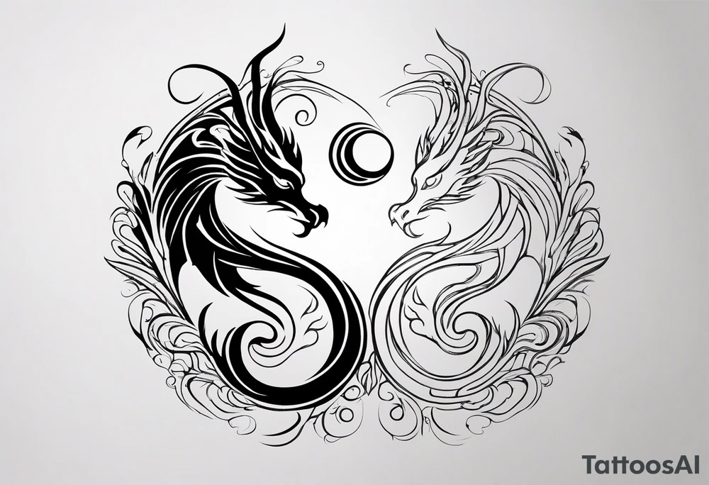 For a Gen Z-inspired dragon and phoenix tattoo, think of a clean, minimalist design that combines symbolism with bold, sleek lines. Imagine a dragon and phoenix spiraling together in a yin-yang-inspired layout. The dragon has a slightly abstract, modern shape, with sharp, flowing lines to show power, resilience, and wisdom, while the phoenix is rendered with sweeping curves and minimal detailing, symbolizing rebirth, growth, and transformation.

Both creatures should interact in a harmonious way, representing balance and duality. To keep it meaningful, focus on line work rather than intricate shading—clear, open spaces allow the tattoo to feel light and energetic. Adding small symbols, like stars or a faint galaxy backdrop, can enhance the "rising from ashes" and "strength through challenge" themes. This design will have a timeless appeal while resonating with Gen Z’s love for symbolism and simplicity. tattoo idea