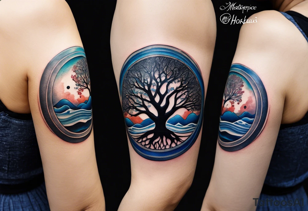 A tattoo of an abstract Tree of Life tattoo to be placed directly on the bicep of a woman. It can wrap around the arm a little. It should have roots growing out of the bottom. The roots slowly turn into water from the Great Wave by Hokusai. A golf flag should be placed discreetly growing out of the ground. 2 license plate tags should be hanging from the tree. Place a few music notes in the areas the leaves should be. The letters A U should be engraving into the tree trunk in a heart. tattoo idea