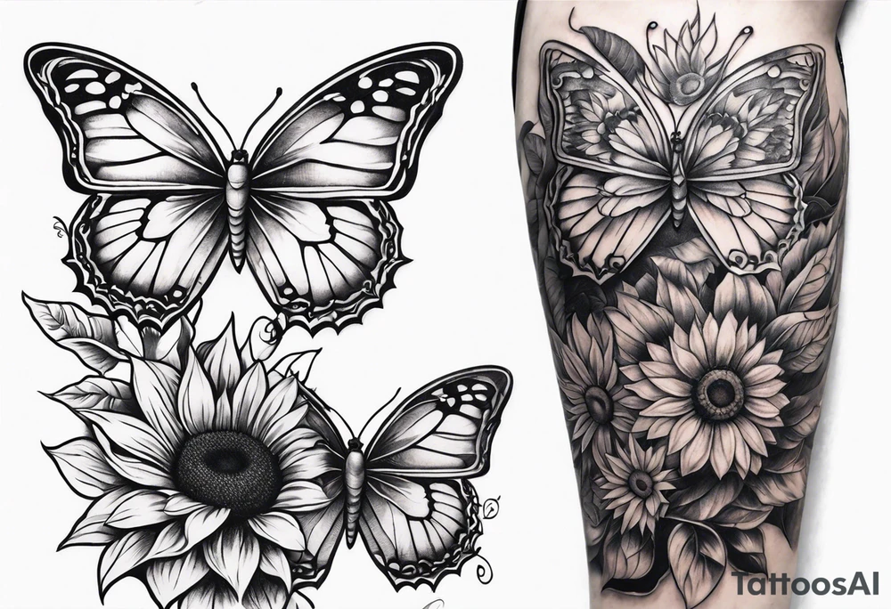Leg sleeve with sunflowers and butterflies tattoo idea
