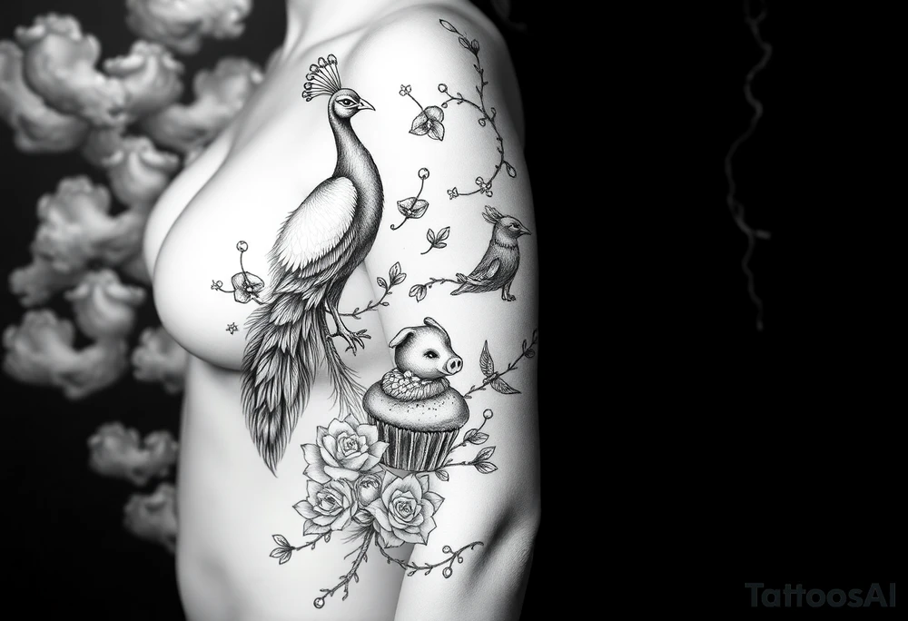 Mystical
  branches fat naked sexy woman , peacock , pig , cupcakes, sins,  Storm clouds, pig, peacock , fat sexy naked fat woman, cake, clouds, noose , money, goat lion, man sex toys pussy dicks, cigerette storm lightening, killing, darkness death, violent majestic creatures and penis and vagina tattoo idea