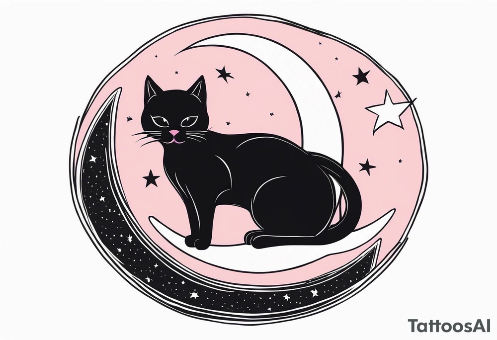 1.	Gothic Black Cat with Pink Bows – A sleek, black cat sitting on a crescent moon, with wide, eerie eyes and a small pink bow tied around its neck or tail, set against a starry night sky. tattoo idea