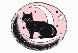 1.	Gothic Black Cat with Pink Bows – A sleek, black cat sitting on a crescent moon, with wide, eerie eyes and a small pink bow tied around its neck or tail, set against a starry night sky. tattoo idea