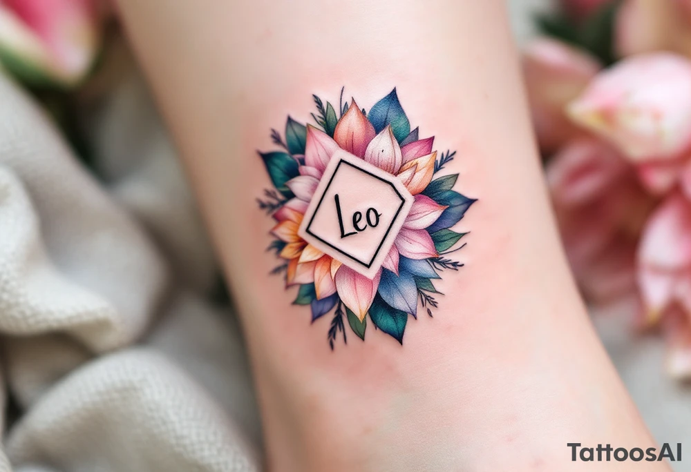 Small Feminine simple Dotted Line hexagon with Leo astrological symbol surrounded by larkspurs and water lilies tattoo idea