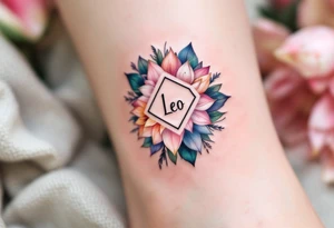 Small Feminine simple Dotted Line hexagon with Leo astrological symbol surrounded by larkspurs and water lilies tattoo idea