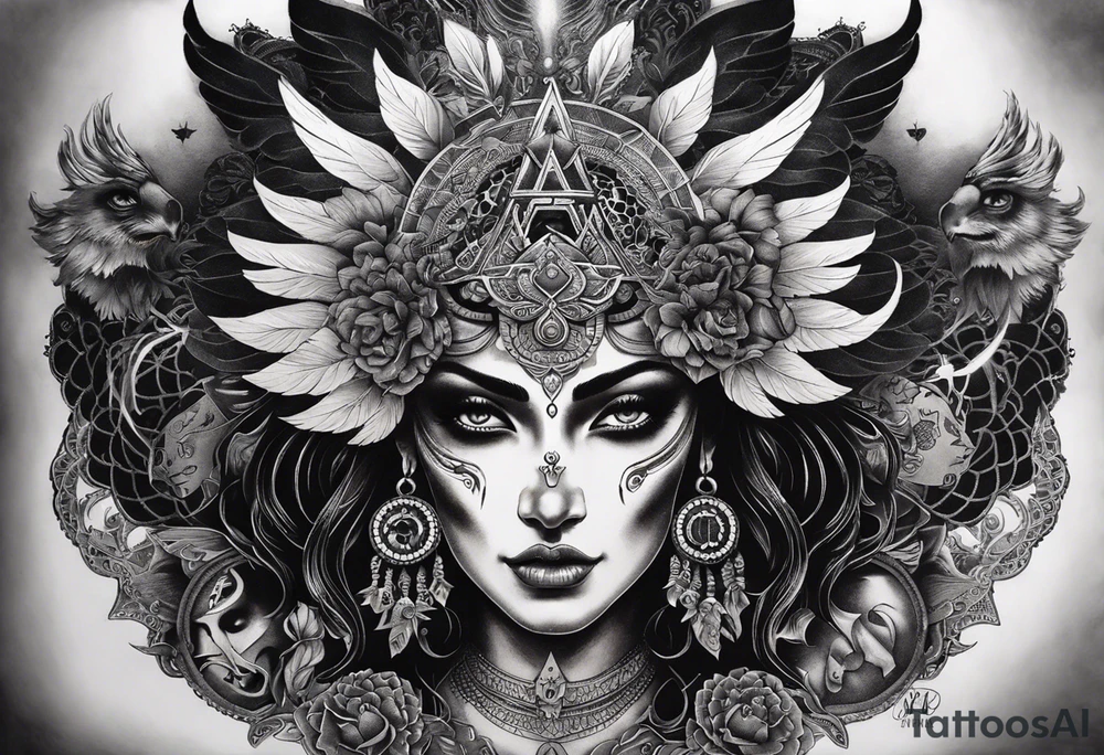 black kali, goddess pirate, alien, angel, pachamama, valkrye, warrior, flying, skull, lotus azul, wing, eagle, zenza resonance, stars, 5D, anahata chakra, death, durga, riding on a tiger, flying lady, chest tatoo tattoo idea