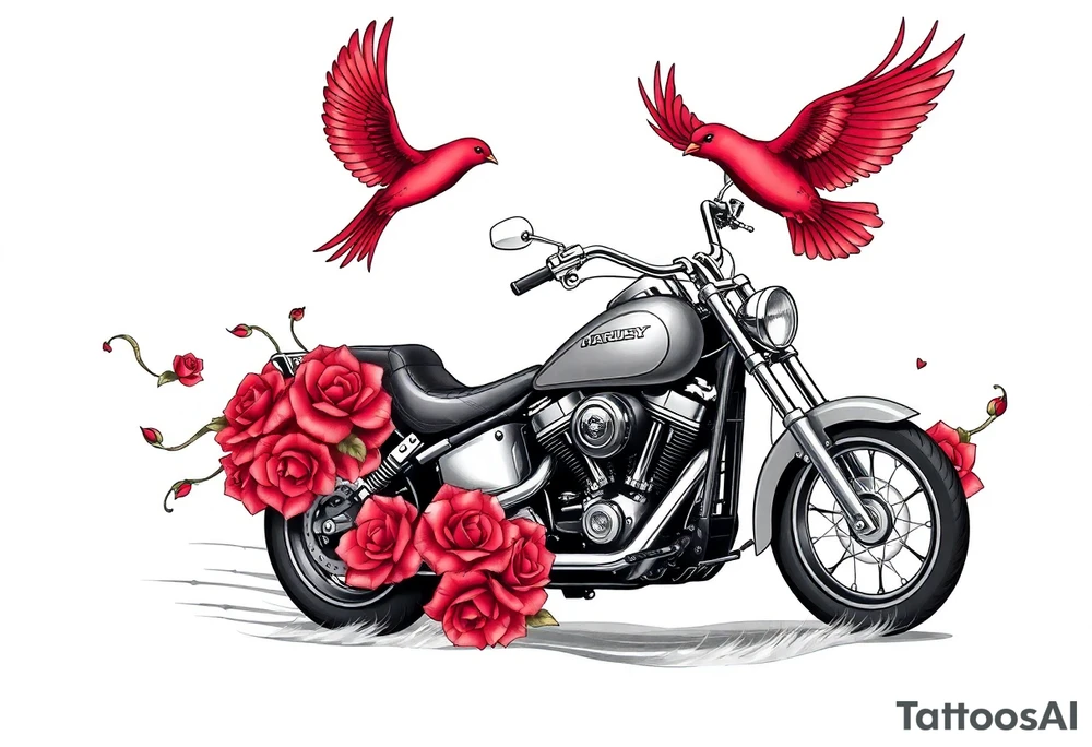 Harley grey motorcycle driving away, two red birds flying, roses and lace, flames tattoo idea