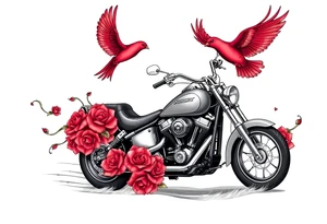 Harley grey motorcycle driving away, two red birds flying, roses and lace, flames tattoo idea