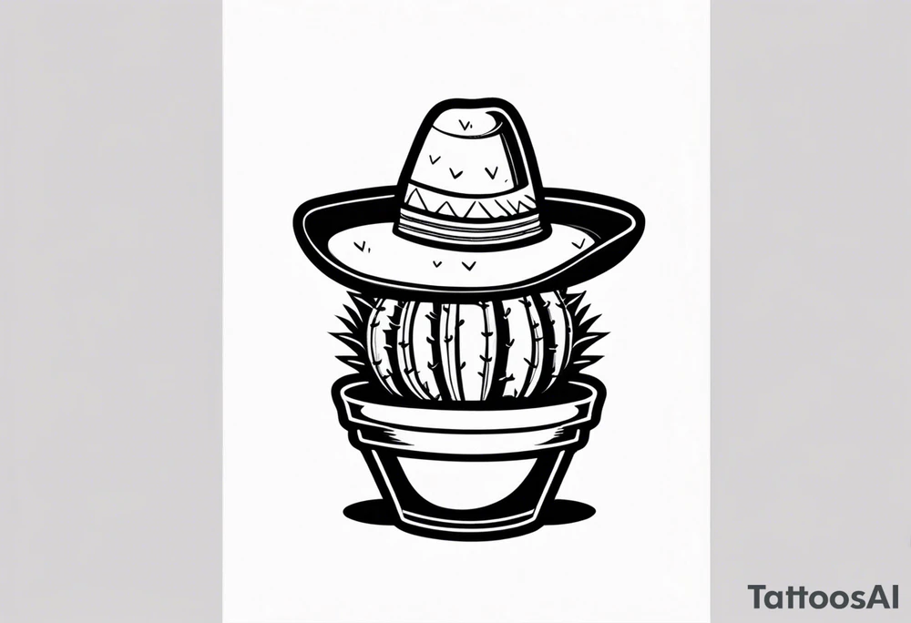 Cactus in a pot wearing a sombrero black and grey tattoo idea