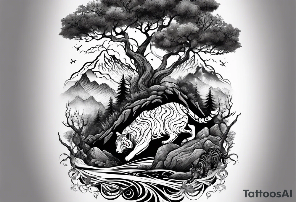 Fond montagne enneigée. Au centre, un Arbre de vie avec un taureau de terre  et tigre de feu au pied, dans les branches lapin d'eau et serpent de bois tattoo idea