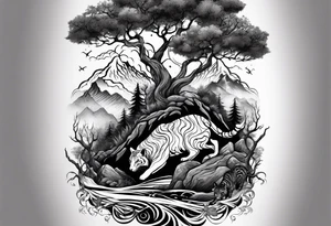 Fond montagne enneigée. Au centre, un Arbre de vie avec un taureau de terre  et tigre de feu au pied, dans les branches lapin d'eau et serpent de bois tattoo idea