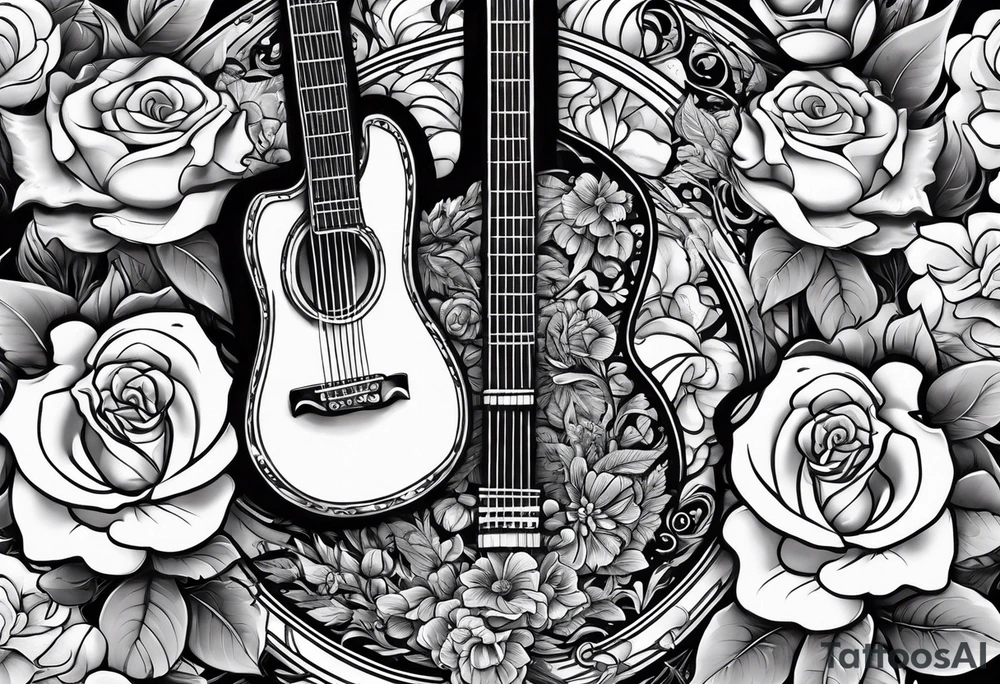 guitar piano and trumpet surrounded by clouds and roses tattoo idea
