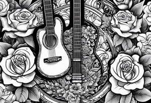 guitar piano and trumpet surrounded by clouds and roses tattoo idea