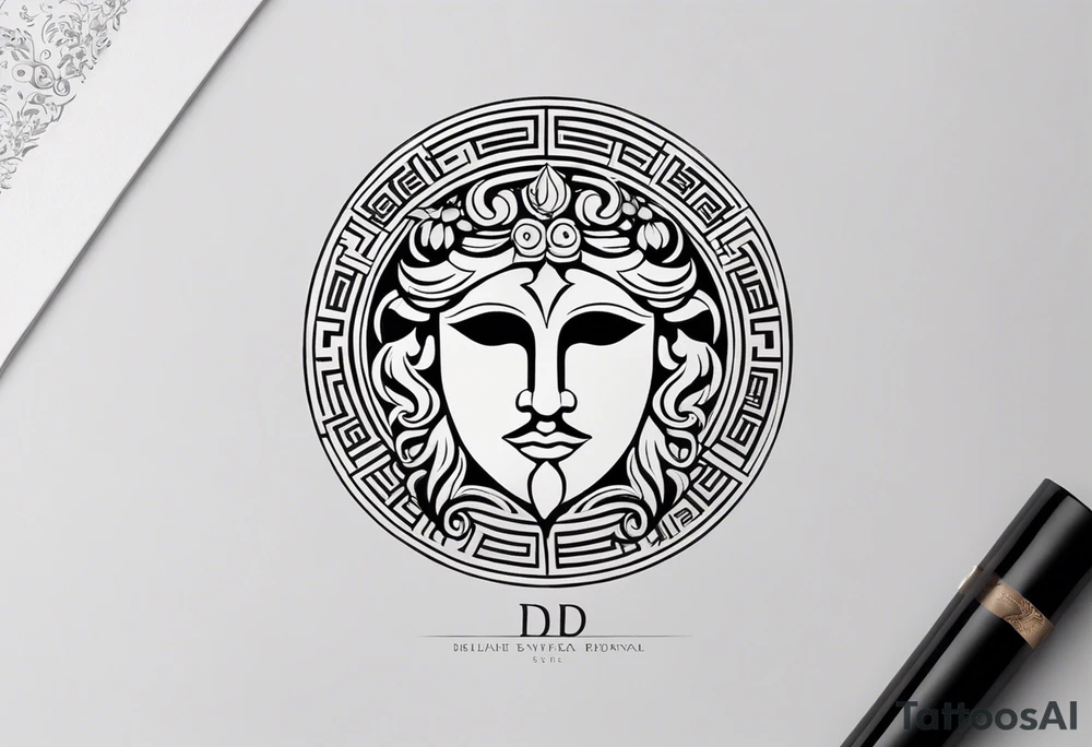 "Design a minimalist round tattoo inspired by ancient Greek art, centered around Dionysus and his love for theater. Create a circular composition with Dionysus depicted in the center, holding a theatrical mask and a goblet of wine. Surround him with simple yet symbolic elements such as geometric patterns reminiscent of ancient Greek pottery. Ensure the design maintains a minimalist style, with clean lines and limited detail, while capturing the essence of Dionysus's affinity for both wine and theater within the circular frame." tattoo idea
