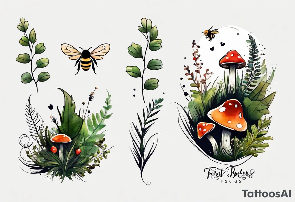 forest floor inspired minimalist tattoo, which includes grass, curly ferns, moss and dead leaves as the bulk of the tattoo. details to include: forest berries, a tiny bumblebee flying nearby, three small brown mushrooms
Generate a vertically long one tattoo idea
