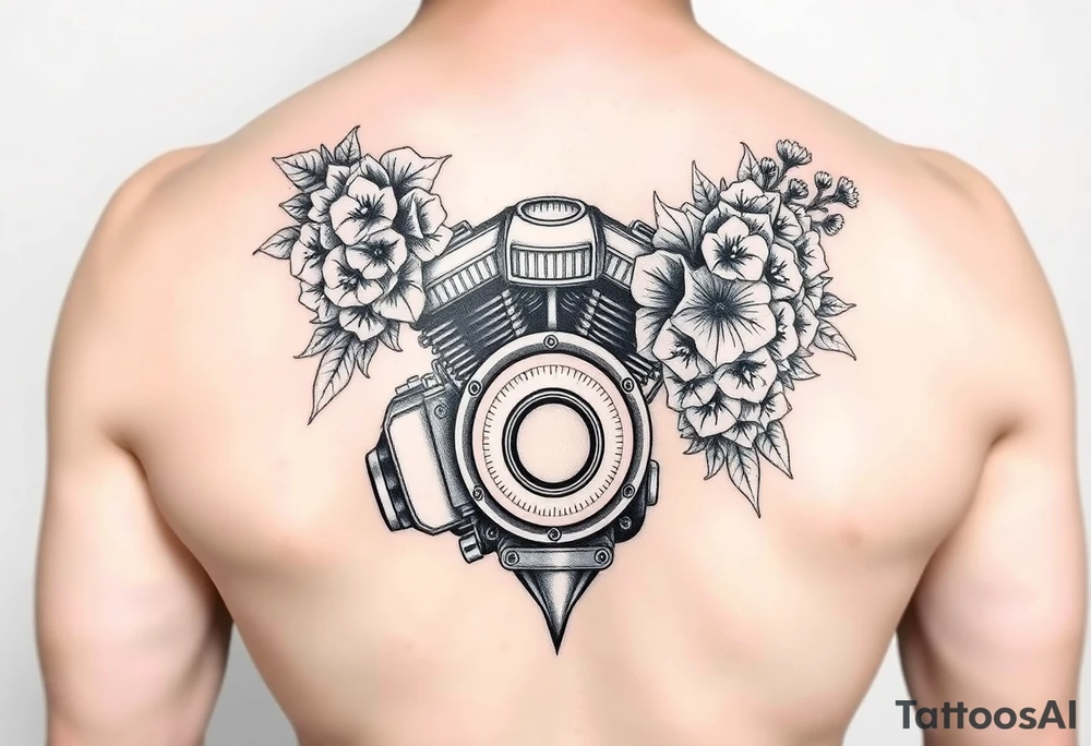 Motorcycle engine with lilacs tattoo idea