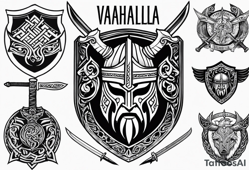 Valhalla viking helmet 
Sword shield tattoo idea